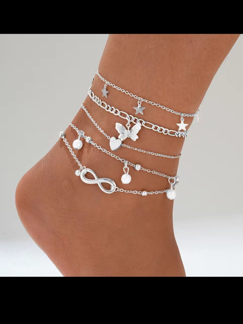 Silver Multi-Layer Anklet Set with Charms
